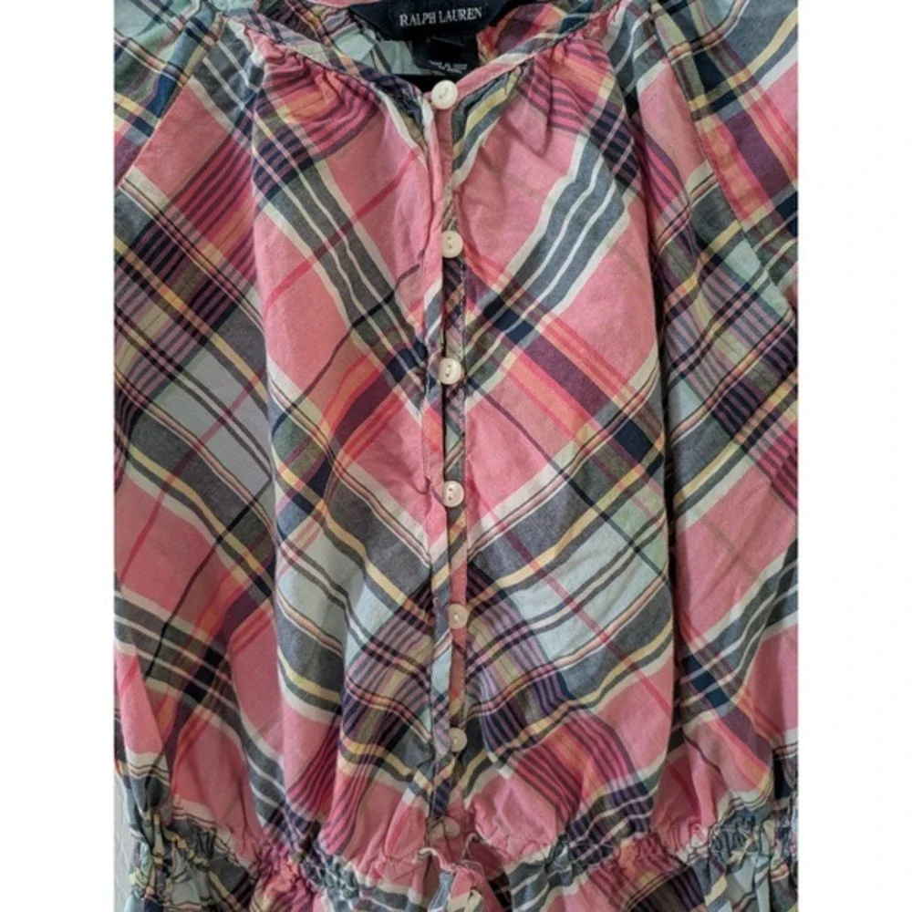 Ralph Lauren Girls Pink Blue Plaid Peplum Button Front‎ Blouse Top Size 8